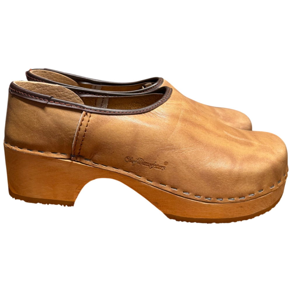 OLOF DAUGHTERS Ulla Women's 36/US 5.5 Swedish Leather Clogs Wood Mules Denmark